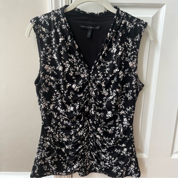 White House Black Market Tops - White House Black Market Black Floral V-Neck Ruched Sleeveless Blouse, Size S